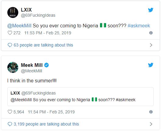 Meek Mill Says He is Visiting Nigeria Soon