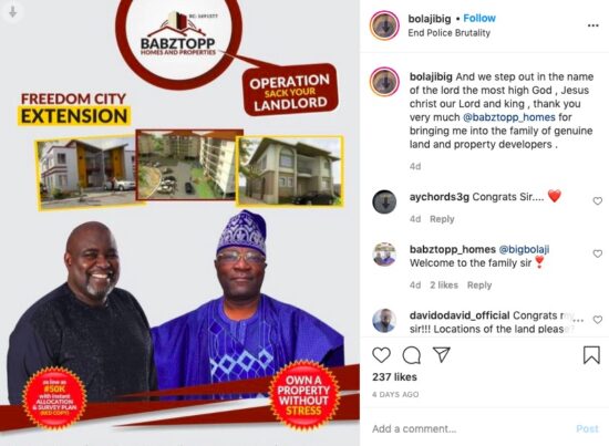 Big Bolaji joins Babztopp Homes & Properties 'Operation Sack Your Landlord' movement