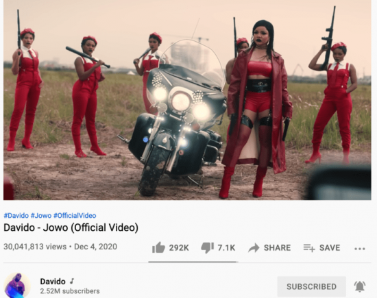 Jowo&quot; by Davido hits 30 Million streams on Youtube »