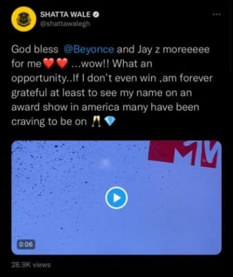 Shatta Wale shows appreciation following #VMA2021 Nomination.